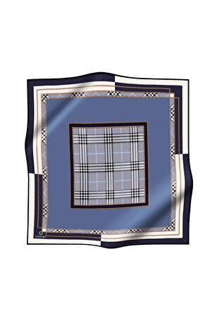 %100 Twill İpek Ekose Desenli İndigo Renkli 90x90 Eşarp Dikim Şekli : El Dikişi