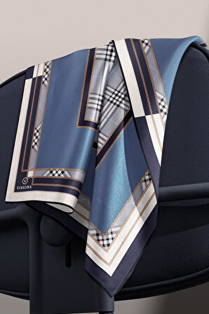 %100 Twill İpek Ekose Desenli İndigo Renkli 90x90 Eşarp Dikim Şekli : El Dikişi