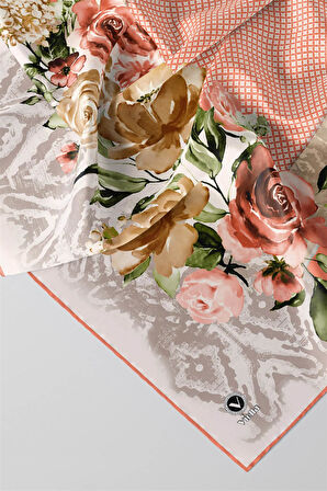 Twill Çiçek Desenli Somon Renkli 90x90 Eşarp (İpek İçermez) Kenar Dikiş Şekli El Dikişli