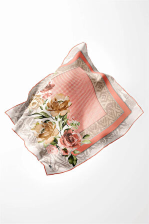 Twill Çiçek Desenli Somon Renkli 90x90 Eşarp (İpek İçermez) Kenar Dikiş Şekli El Dikişli