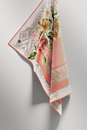 Twill Çiçek Desenli Somon Renkli 90x90 Eşarp (İpek İçermez) Kenar Dikiş Şekli El Dikişli