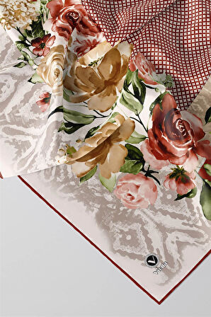Twill Çiçek Desenli Taba Renkli 90x90 Eşarp (İpek İçermez) Kenar Dikiş Şekli El Dikişli