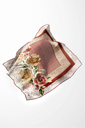 Twill Çiçek Desenli Taba Renkli 90x90 Eşarp (İpek İçermez) Kenar Dikiş Şekli El Dikişli