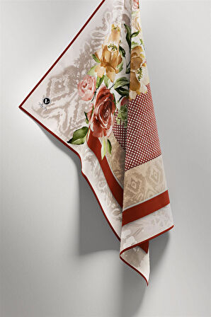 Twill Çiçek Desenli Taba Renkli 90x90 Eşarp (İpek İçermez) Kenar Dikiş Şekli El Dikişli