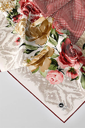 Twill Çiçek Desenli Bordo Renkli 90x90 Eşarp (İpek İçermez) Kenar Dikiş Şekli El Dikişli