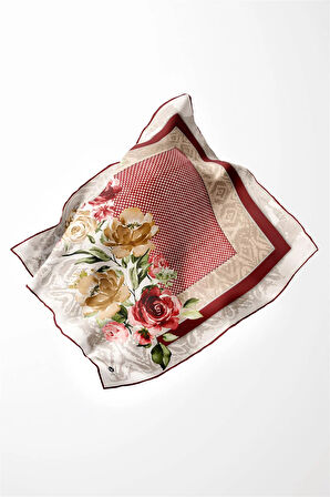 Twill Çiçek Desenli Bordo Renkli 90x90 Eşarp (İpek İçermez) Kenar Dikiş Şekli El Dikişli