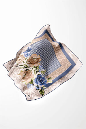 Twill Çiçek Desenli İndigo Renkli 90x90 Eşarp (İpek İçermez) Kenar Dikiş Şekli El Dikişli