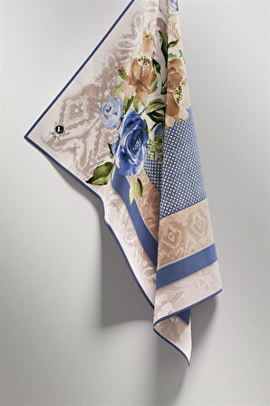 Twill Çiçek Desenli İndigo Renkli 90x90 Eşarp (İpek İçermez) Kenar Dikiş Şekli El Dikişli