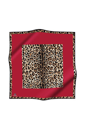 %100 Twill İpek Leopar Desenli Kırmızı Renkli 90x90 Eşarp Dikim Şekli : El Dikişi