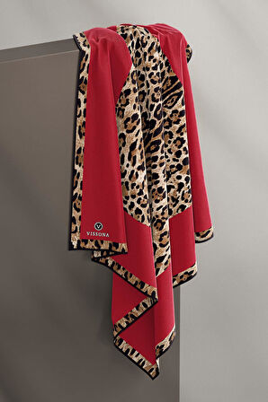 %100 Twill İpek Leopar Desenli Kırmızı Renkli 90x90 Eşarp Dikim Şekli : El Dikişi