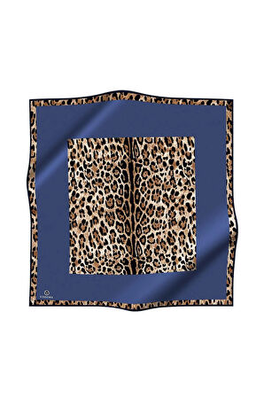 %100 Twill İpek Leopar Desenli İndigo Renkli 90x90 Eşarp Dikim Şekli : El Dikişi