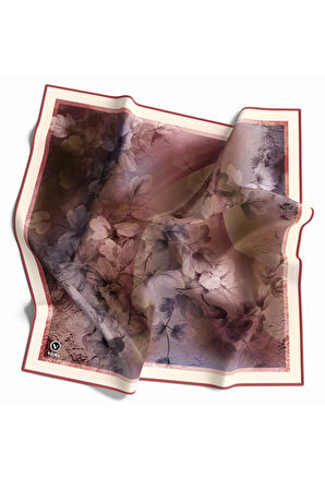 Kristal Batik Çiçek Desenli Gül Kurusu Renkli 90x90 Eşarp (İpek İçermez) Kenar Dikiş Şekli El Dikişli