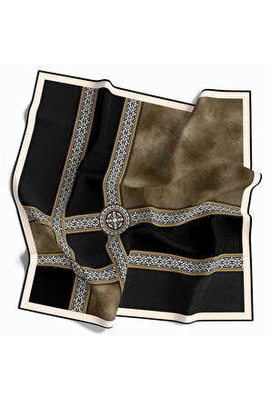 Twill Geometrik Desenli Vizon Renkli 90x90 Eşarp (İpek İçermez) Kenar Dikiş Şekli El Dikişli