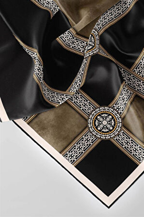 Twill Geometrik Desenli Vizon Renkli 90x90 Eşarp (İpek İçermez) Kenar Dikiş Şekli El Dikişli