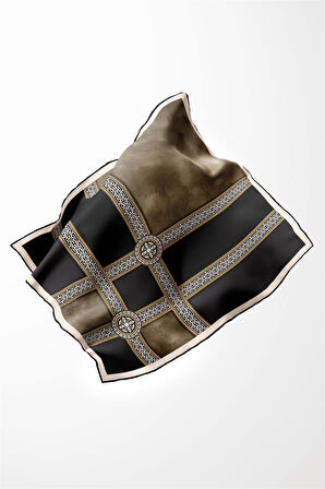 Twill Geometrik Desenli Vizon Renkli 90x90 Eşarp (İpek İçermez) Kenar Dikiş Şekli El Dikişli