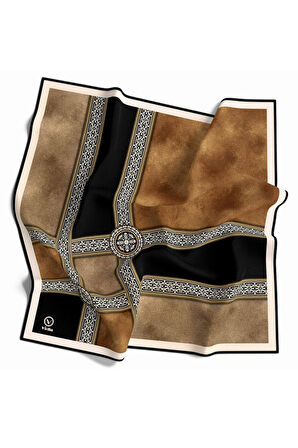 Twill Geometrik Desenli Hardal Renkli 90x90 Eşarp (İpek İçermez) Kenar Dikiş Şekli El Dikişli