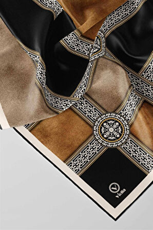 Twill Geometrik Desenli Hardal Renkli 90x90 Eşarp (İpek İçermez) Kenar Dikiş Şekli El Dikişli