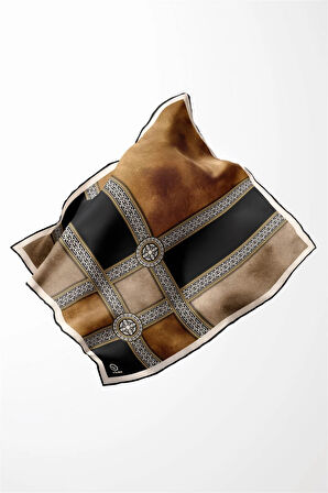 Twill Geometrik Desenli Hardal Renkli 90x90 Eşarp (İpek İçermez) Kenar Dikiş Şekli El Dikişli