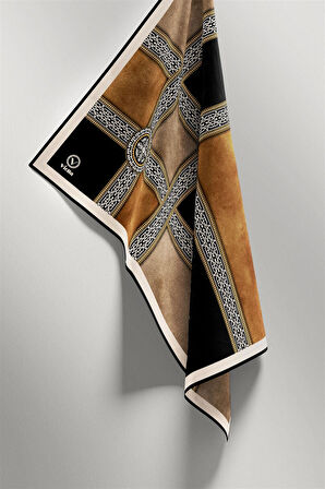 Twill Geometrik Desenli Hardal Renkli 90x90 Eşarp (İpek İçermez) Kenar Dikiş Şekli El Dikişli