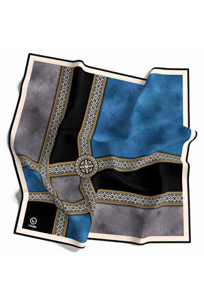 Twill Geometrik Desenli Turkuaz Renkli 90x90 Eşarp (İpek İçermez) Kenar Dikiş Şekli El Dikişli