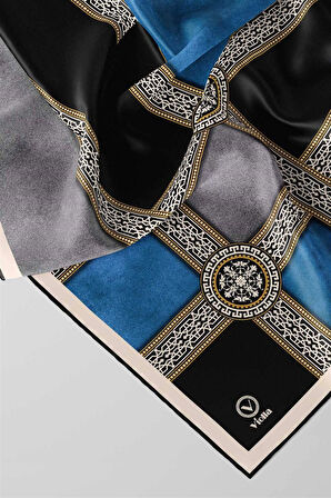 Twill Geometrik Desenli Turkuaz Renkli 90x90 Eşarp (İpek İçermez) Kenar Dikiş Şekli El Dikişli