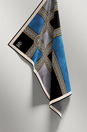 Twill Geometrik Desenli Turkuaz Renkli 90x90 Eşarp (İpek İçermez) Kenar Dikiş Şekli El Dikişli