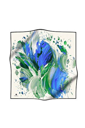 %100 Twill İpek Fırça Darbesi Desenli Saks - Zümrüt Yeşili Renkli 90x90 Eşarp Dikim Şekli : El Dikişi