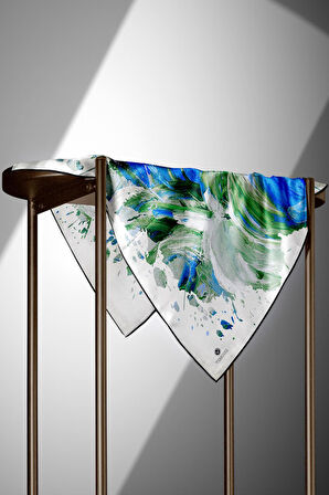 %100 Twill İpek Fırça Darbesi Desenli Saks - Zümrüt Yeşili Renkli 90x90 Eşarp Dikim Şekli : El Dikişi