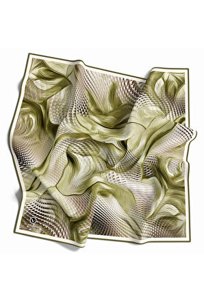 Twill Geometrik Ve Dalga Desenli Haki Renkli 90x90 Eşarp (İpek İçermez) Dikim Şekli : El Dikişi