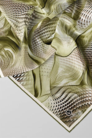 Twill Geometrik Ve Dalga Desenli Haki Renkli 90x90 Eşarp (İpek İçermez) Dikim Şekli : El Dikişi
