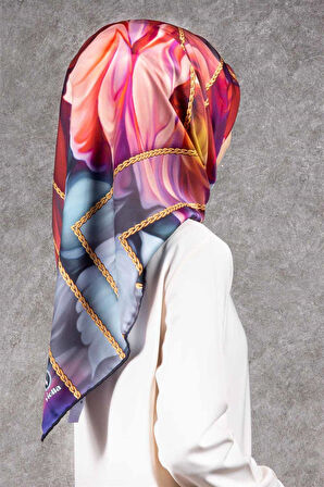 Twill Gül Desenli Kırmızı - Bebe Mavisi Renkli 90x90 Eşarp (İpek İçermez) Kenar Dikiş Şekli El Dikişli