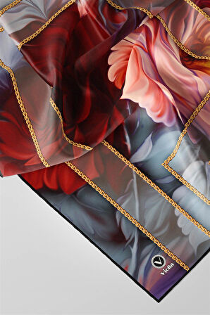 Twill Gül Desenli Kırmızı - Bebe Mavisi Renkli 90x90 Eşarp (İpek İçermez) Kenar Dikiş Şekli El Dikişli