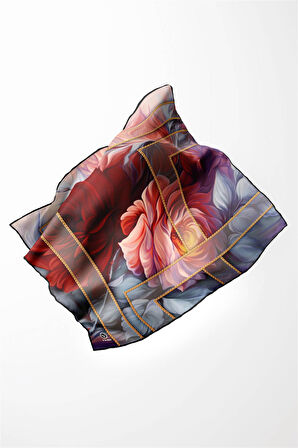 Twill Gül Desenli Kırmızı - Bebe Mavisi Renkli 90x90 Eşarp (İpek İçermez) Kenar Dikiş Şekli El Dikişli