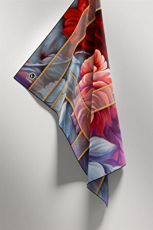 Twill Gül Desenli Kırmızı - Bebe Mavisi Renkli 90x90 Eşarp (İpek İçermez) Kenar Dikiş Şekli El Dikişli