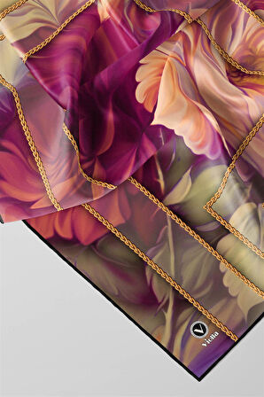 Twill Gül Desenli Fuşya - Somon Renkli 90x90 Eşarp (İpek İçermez) Kenar Dikiş Şekli El Dikişli