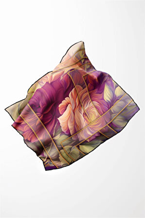 Twill Gül Desenli Fuşya - Somon Renkli 90x90 Eşarp (İpek İçermez) Kenar Dikiş Şekli El Dikişli