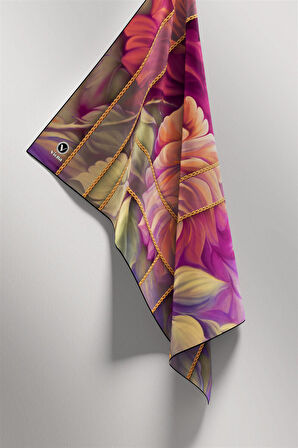 Twill Gül Desenli Fuşya - Somon Renkli 90x90 Eşarp (İpek İçermez) Kenar Dikiş Şekli El Dikişli