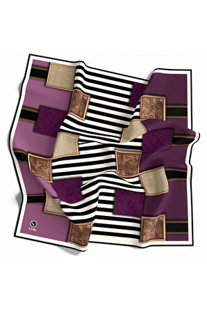 Twill Geometrik Ve Çizgili Desenli Mor Renkli 90x90 Eşarp (İpek İçermez) Dikim Şekli : El Dikişi