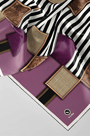 Twill Geometrik Ve Çizgili Desenli Mor Renkli 90x90 Eşarp (İpek İçermez) Dikim Şekli : El Dikişi
