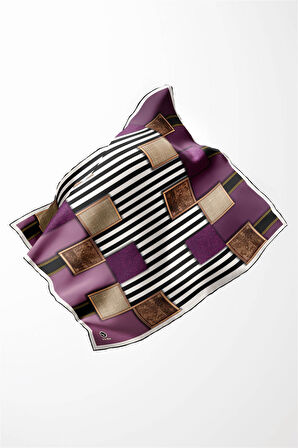 Twill Geometrik Ve Çizgili Desenli Mor Renkli 90x90 Eşarp (İpek İçermez) Dikim Şekli : El Dikişi