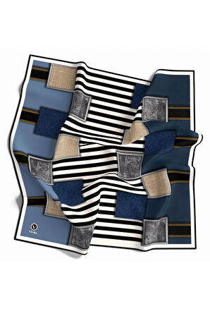 Twill Geometrik Ve Çizgili Desenli İndigo Renkli 90x90 Eşarp (İpek İçermez) Dikim Şekli : El Dikişi