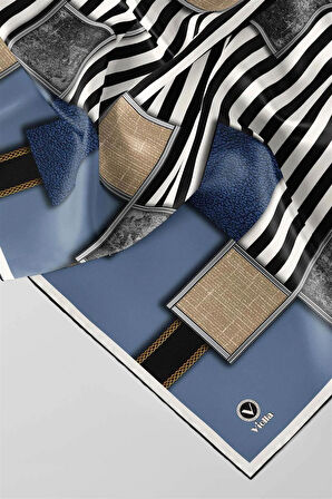 Twill Geometrik Ve Çizgili Desenli İndigo Renkli 90x90 Eşarp (İpek İçermez) Dikim Şekli : El Dikişi