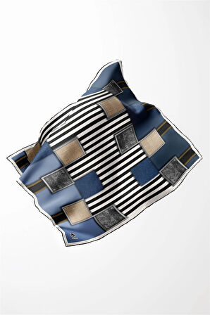 Twill Geometrik Ve Çizgili Desenli İndigo Renkli 90x90 Eşarp (İpek İçermez) Dikim Şekli : El Dikişi