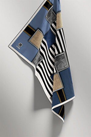 Twill Geometrik Ve Çizgili Desenli İndigo Renkli 90x90 Eşarp (İpek İçermez) Dikim Şekli : El Dikişi