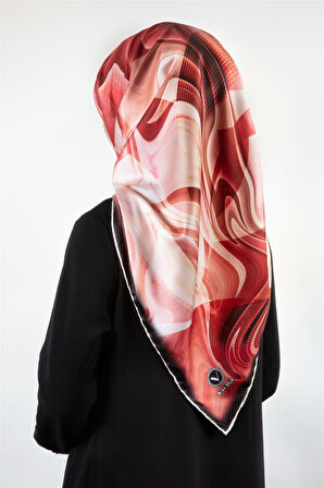 Twill Soyut Dalga Desenli Kırmızı Renkli 90x90 Eşarp (İpek İçermez) Dikim Şekli : El Dikişi