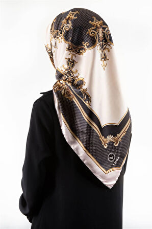 Twill Barok Desenli Gri Renkli 90x90 Eşarp (İpek İçermez) Dikim Şekli : El Dikişi