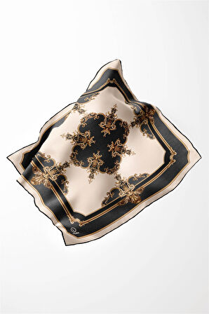 Twill Barok Desenli Gri Renkli 90x90 Eşarp (İpek İçermez) Dikim Şekli : El Dikişi