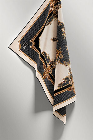 Twill Barok Desenli Gri Renkli 90x90 Eşarp (İpek İçermez) Dikim Şekli : El Dikişi