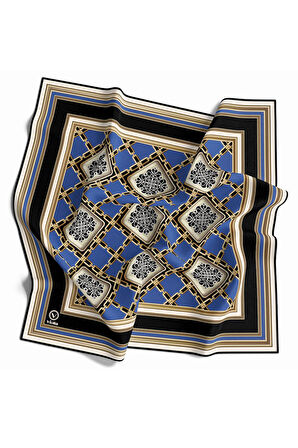 Twill Geometrik Ve Zincirli Desenli İndigo Renkli 90x90 Eşarp (İpek İçermez) Dikim Şekli : El Dikişi