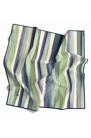 Twill Suluboya Çizgi Desenli Lacivert - Su Yeşili Renkli 90x90 Eşarp (İpek İçermez) Kenar Dikiş Şekli El Dikişli